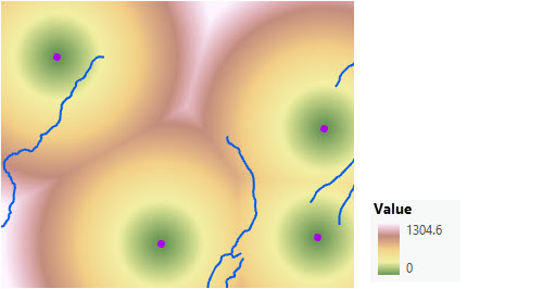 Map of straight-line distance from four points