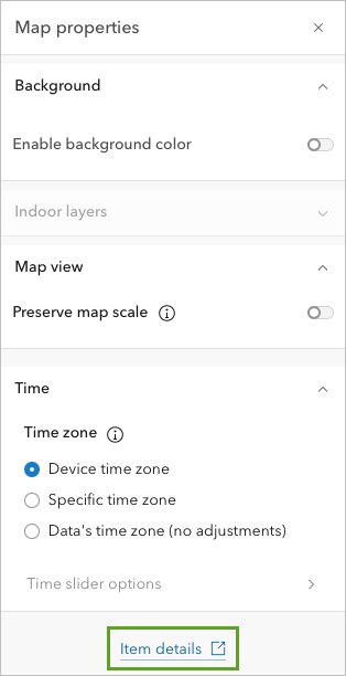 Item details link in the Map Properties pane Item details link in the Map Properties pane